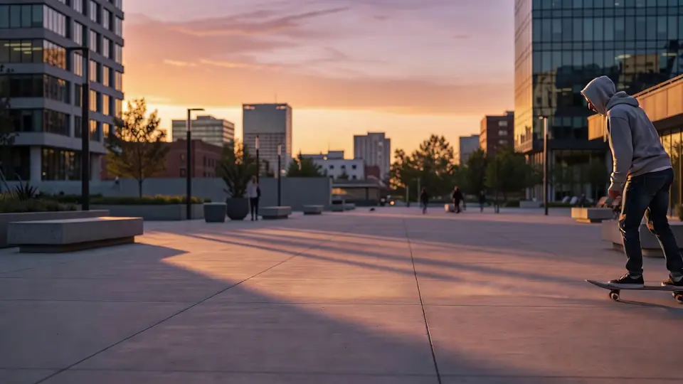 The skater rolls on across the plaza.