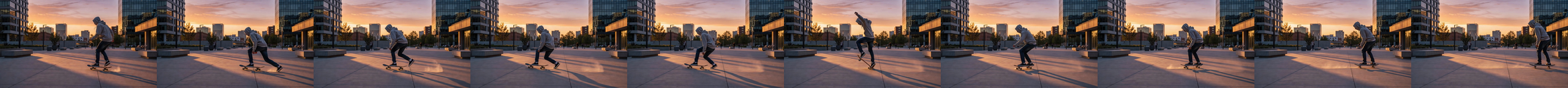 A skater pushes, does a kickflip the prompt never asked for, and dust puffs out of the wheels on clean concrete.