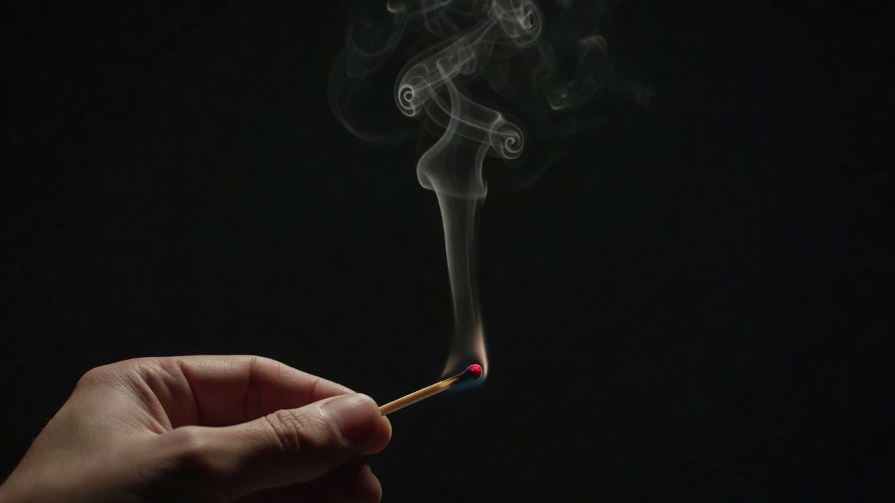 A hand holds a match against a dark background as smoke rises and a flame appears.